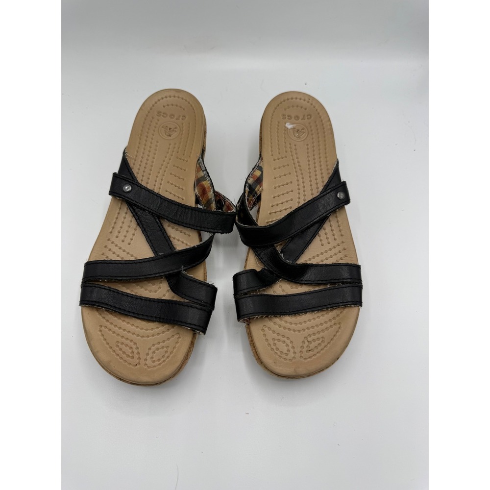 Crocs A-Leigh Leather Sandals Slide Womens 8 Beach Resort Casual Strappy Pool